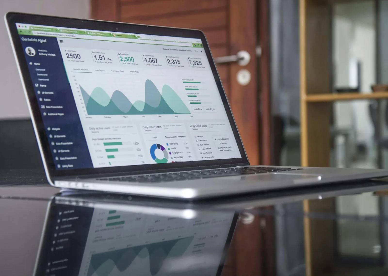 A laptop displaying colorful business charts on a dark desk