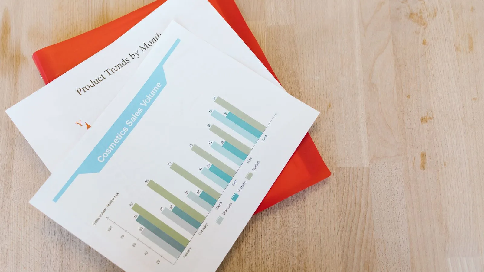 Top view of a cosmetics sales volume report with charts on a wooden desk.