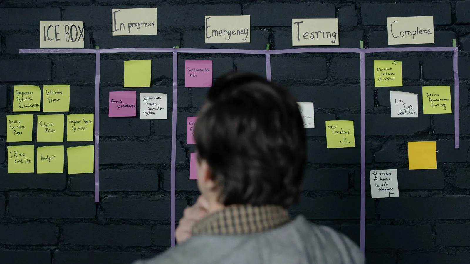 A man in an office reviews a scrum task board filled with sticky notes, planning strategy and organization.
